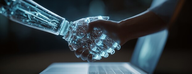 Robotic hand and human hand shaking above a laptop in a dark office, symbolizing collaboration in digital technology for business growth