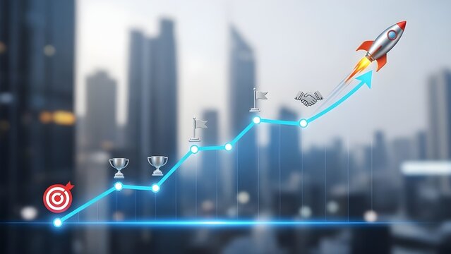 Holographic image of rocket ship soaring above city skyline