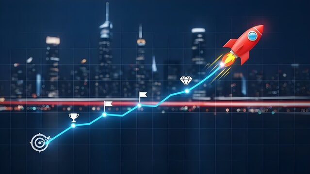 Holographic image of rocket ship soaring through city skyline