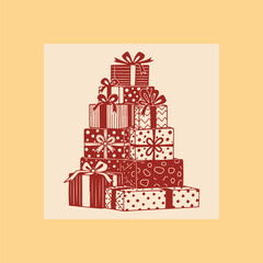 A tall stack of beautifully wrapped gift boxes