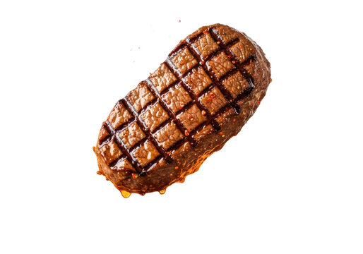 Juicy, glistening grilled beef steak with rich brown crust, char marks, suspended above hot grill, vibrant flames, embers, droplets, white background, dynamic culinary experience