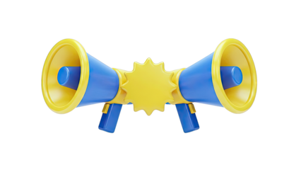 Pair of 3D Rendered Blue and Yellow Megaphones
