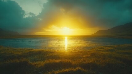 Golden sunset over a tranquil lake, dramatic sky