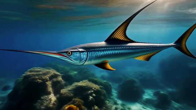 Swordfish cutting through ocean water at extreme speed with dynamic cinematic action and spray, 4K.