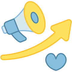 Megaphone with an upward arrow and a heart symbol representing rising brand popularity