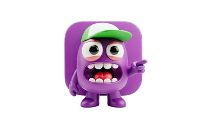 3D Purple Cartoon Monster Wearing a Baseball Cap
