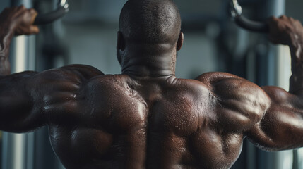 Black male bodybuilder performing lat pulldowns in a modern gym. Powerful back definition and focused strength training. Black afro american bodybuilder training strenght and power.