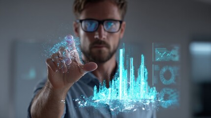 Man interacting with digital data visualization futuristic business concept