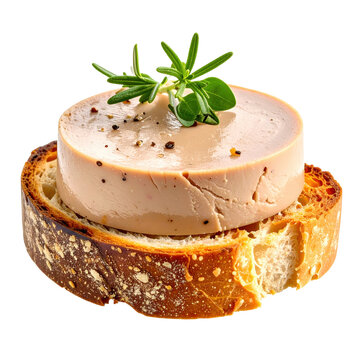 Luxurious foie gras on a toast point, perfectly isolated on a clean white background for high-end menu design