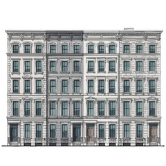 Fototapeta premium Detailed architectural drawing of a multi-story gray stone building with numerous windows and ornate details on a white background, showcasing a classic cartoon-style facade.