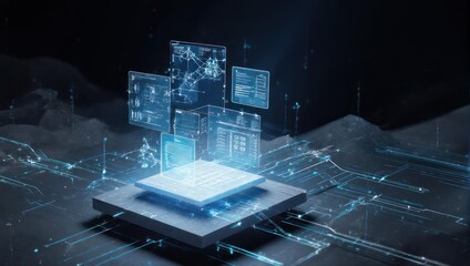 Futuristic Microchip with Holographic Data Displays and Circuitry.