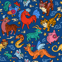 Animals of the Chinese zodiac. Seamless pattern with Eastern astrology. Bright doodle backdrop for teenagers and small children. Funny zodiac sign. Symbols of prosperity for the New Year
