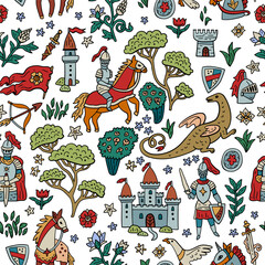 Seamless medieval vector pattern with knights, horses and castles. Dragon and rider. Hand-drawn like an ancient tapestry. For textile and paper design.