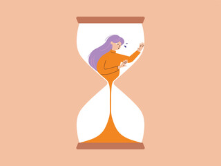 A woman trapped inside an hourglass as the sand slips away, minimalist illustration symbolizing time pressure, deadlines, and the feeling of being rushed