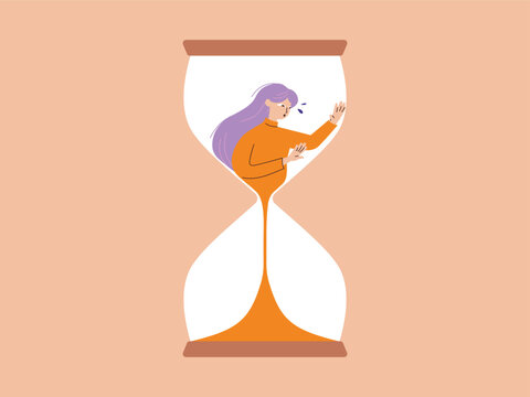 A woman trapped inside an hourglass as the sand slips away, minimalist illustration symbolizing time pressure, deadlines, and the feeling of being rushed
