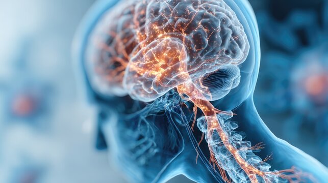 Medical illustration of brain stroke with the affected area highlighted in red colour. Neural connections in human brain. Healthcare and therapy concept