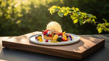 Gourmet Fruit Tart with Spun Sugar Nest, Fresh Berries, and Edible Flowers on Wooden Board
