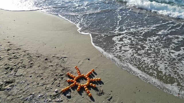 Beach, sea photo shoot with an orange smiley face. Oranges beach ocean.High quality photo