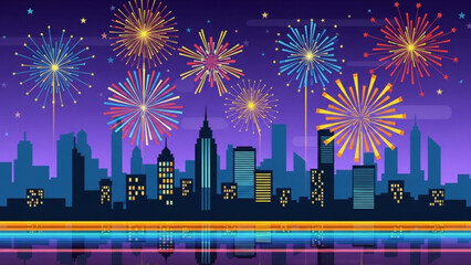 A vibrant city skyline at night with colorful fireworks exploding in the purple sky