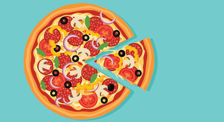 Delicious vegetable and pepperoni pizza is shown from above with one slice being pulled away on a bright teal background for advertising.