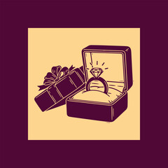 An open jewelry box revealing a sparkling diamond ring with a bow-tied gift box beside it