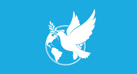 White dove of peace carrying a small olive branch flies in front of a blue globe icon symbolizing global harmony and cooperation.