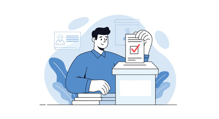 Determined man casts his ballot into a secure voting box during an election process illustrating the importance of civic democracy.