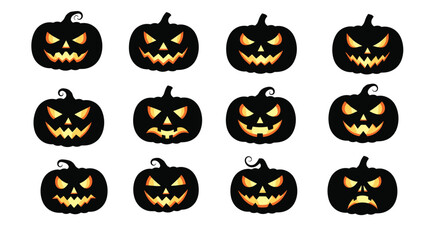 Grid of twelve spooky jack o lantern silhouettes with glowing orange faces represents various classic halloween pumpkin designs.