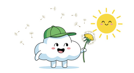 Adorable cloud character wearing a green cap holds a yellow dandelion flower next to a smiling sun in a cheerful and sunny spring scene.