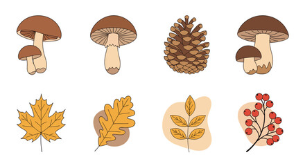 Autumn nature icons collection features realistic mushrooms a pinecone and various colorful fall leaves from different tree species.