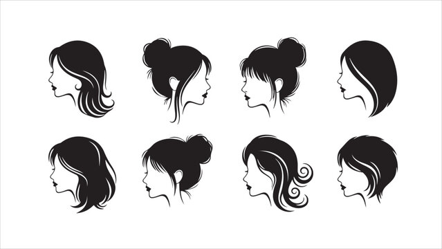 A Collection of Elegant Black Silhouette Portraits of Women Featuring Diverse Hairstyles, from Flowing Wavy Hair to Stylish Buns and Updos, Ideal for Beauty Salon Logos or Fashion Illustration.eps