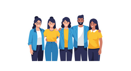 Diverse group of five cheerful friends or colleagues standing together in casual outfits representing unity teamwork and social connection.