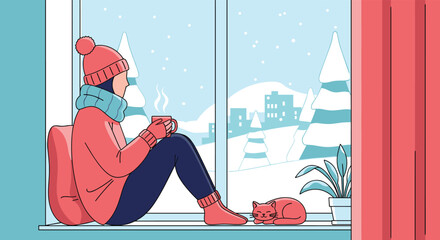 Cozy winter scene features a woman in warm clothes sitting by a window with a hot drink and her cat watching the falling snow in the city.