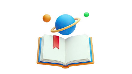 3D Icon: Open Book with Planet and Orbs