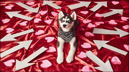 Energetic Siberian husky puppy stationed in a charming homemade kissing booth adorned with heart signs and directional arrows, sporting a stylish bandana in a playful inviting pose