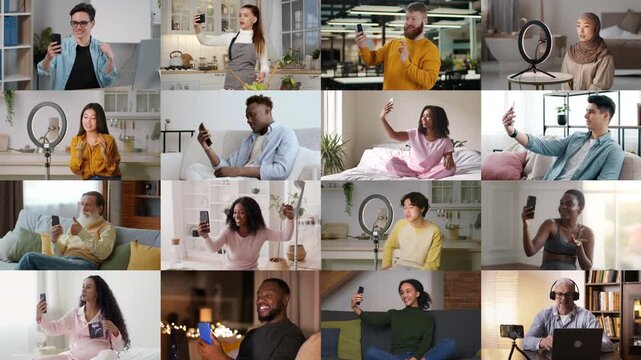 A lively collection of people using smartphones to connect over video calls in different indoor environments. Each person expresses a unique emotion while interacting with their devices.