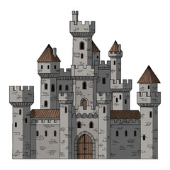 A medieval-style castle with multiple towers and a large gate, depicted in a cartoon illustration with gray stone walls and brown roofs against a white background.