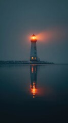 Lighthouse on the sea coast casting serene reflection on the water at night. Vacation trip and travel concept
