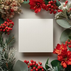 Christmas flowers and berries on white background with copy space