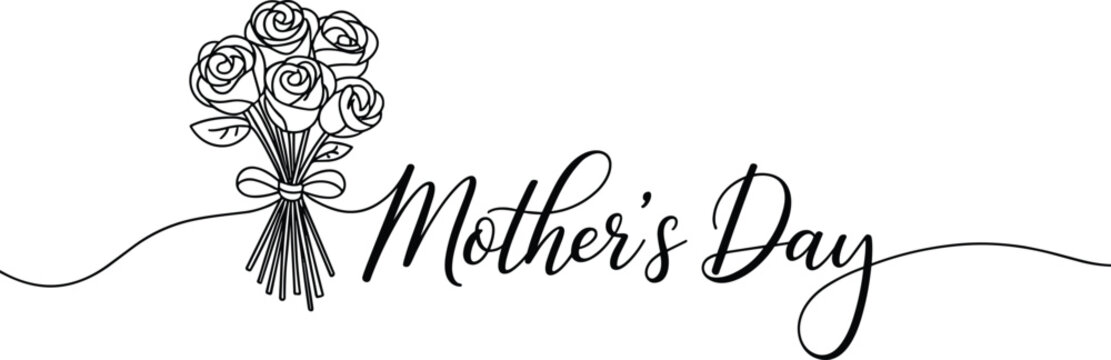 Mother’s Day bouquet illustration with elegant hand lettering, minimal black and white floral design, greeting card typography artwork - Powered by Adobe