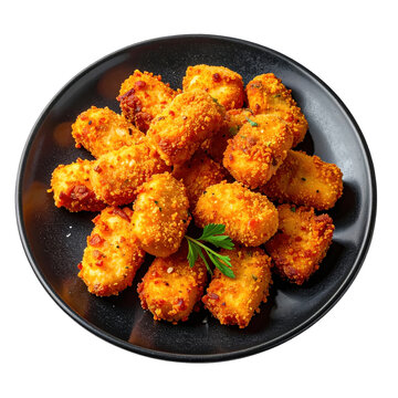 A portion of golden fried kibbeling fish bites arranged on a dark background, a popular dutch street food