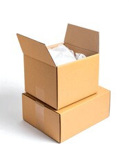 Stacked cardboard boxes, one open, with packing material inside
