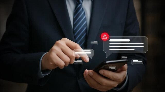 4k, Businessman checking smartphone with new message, email alert and spam warning symbol, cyberattack warning icons. Cyber security and cybercrime, video clip