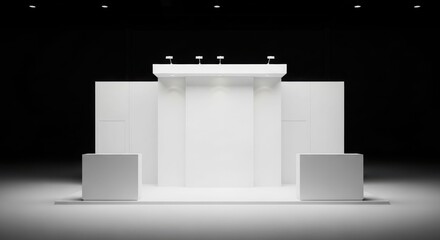 A modern, minimalist white stage setup with a central podium and side panels, ready for a presentation or event.