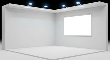 A clean, empty white corner exhibition booth with spotlights and a blank display screen.