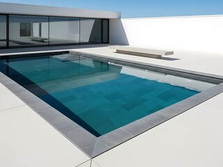 Serene Swimming Pool with Modern Architecture under a Crisp Blue Sky