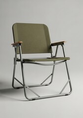 Studio shot showcasing a foldable camping chair with olive green fabric