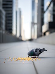 Urban pigeon eating grains on an elevated city walkway, buildings blurred
