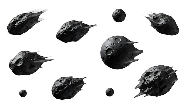 Several dark asteroids and smaller meteoroids are floating in space against a white background