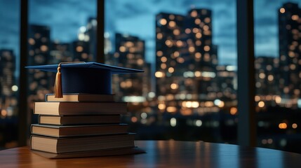Graduation cap atop books, city view